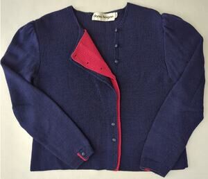 Dana Hogan Navy Blue & Red Santana Knit Cardigan Women's Size M Vintage 80s